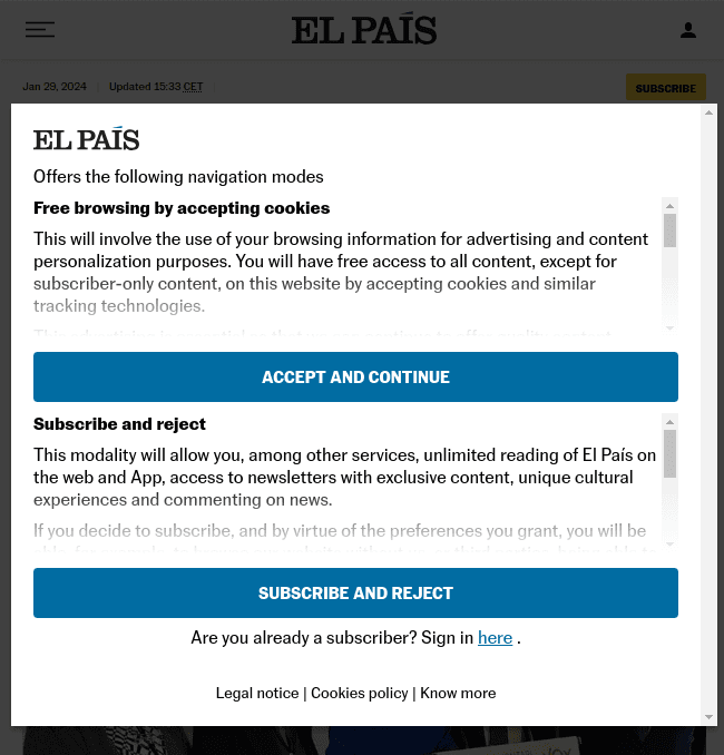 Cookie rejection with paywall option