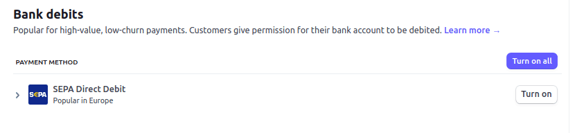 Enable the SEPA payment method